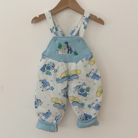 VINTAGE AFTER THE STORK NWOT Boys Padded Embroidered Pastel Zoo Animal Overalls